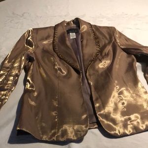 Vintage Alex Evening Beaded Gold Metallic Shimmer Open Front Jacket Blazer EUC